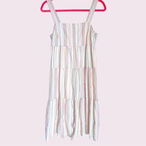 Button-Back Tiered Dress in Textural Rainbow Stripe